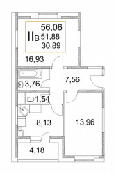 Двухкомнатная квартира 58.9 м²
