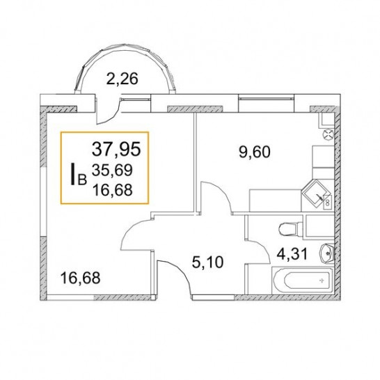 Однокомнатная квартира 38.77 м²